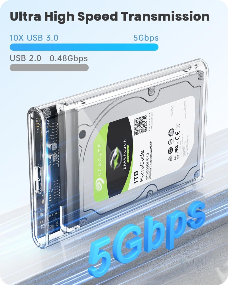 POSUGEAR حافظة قرص صلب خارجي 2.5 بوصة USB 3.0 إلى SATA III بدون أدوات حافظة قرص صلب خارجي واضحة لـ 7mm/9.5mm 2.5 بوصة SSD HDD مع UASP، متوافقة مع WD توشيبا سامسونج PS4 إكس بوكس PC TV - Image 3